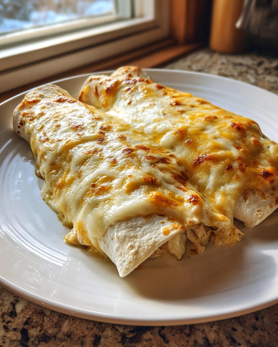 Two freshly baked white chicken enchiladas covered in melted, bubbly white and yellow cheese.