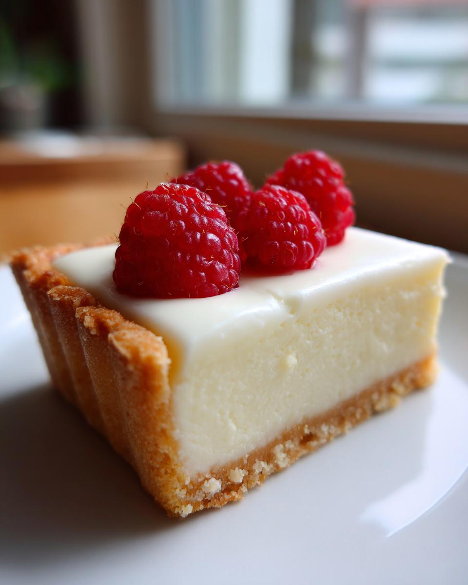 A close-up of a single slice of white chocolate mousse tart topped with four fresh raspberries.