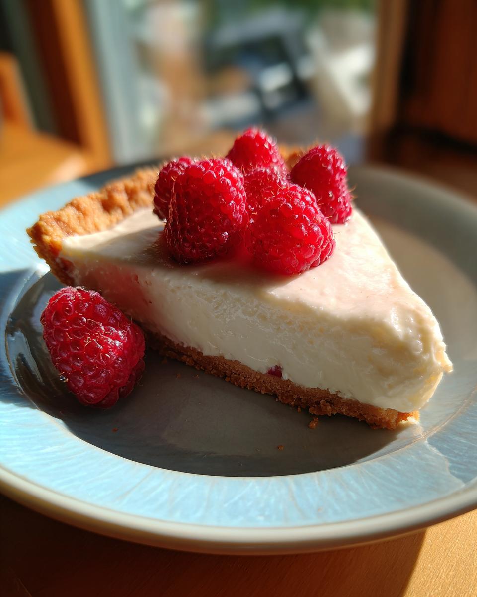 A creamy slice of white chocolate mousse tart topped with fresh raspberries, served on a blue plate.