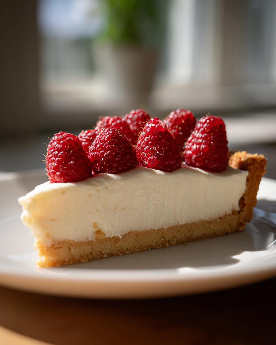 A perfect slice of white chocolate mousse tart topped with fresh raspberries, sitting on a white plate.