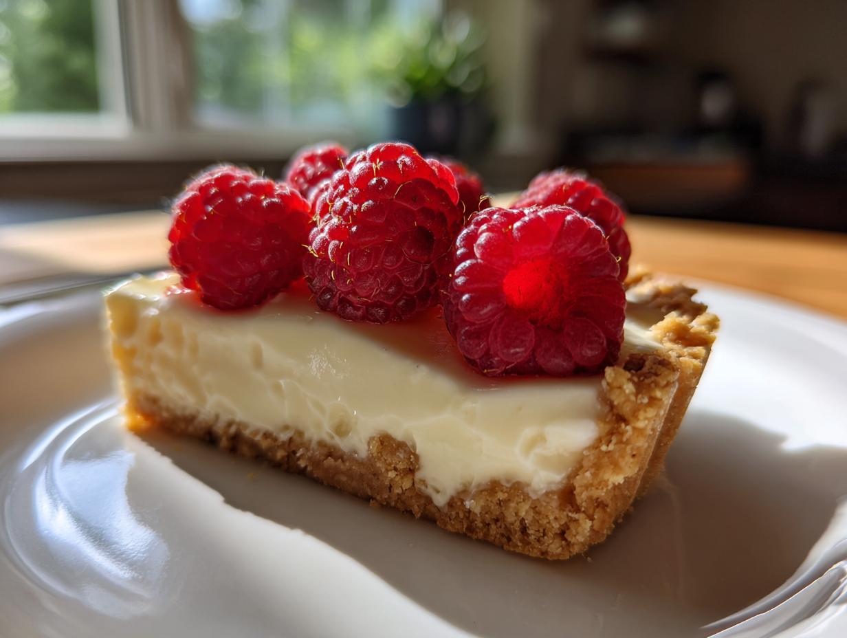 A close-up of a slice of white chocolate mousse tart with a graham cracker crust, topped with fresh raspberries.