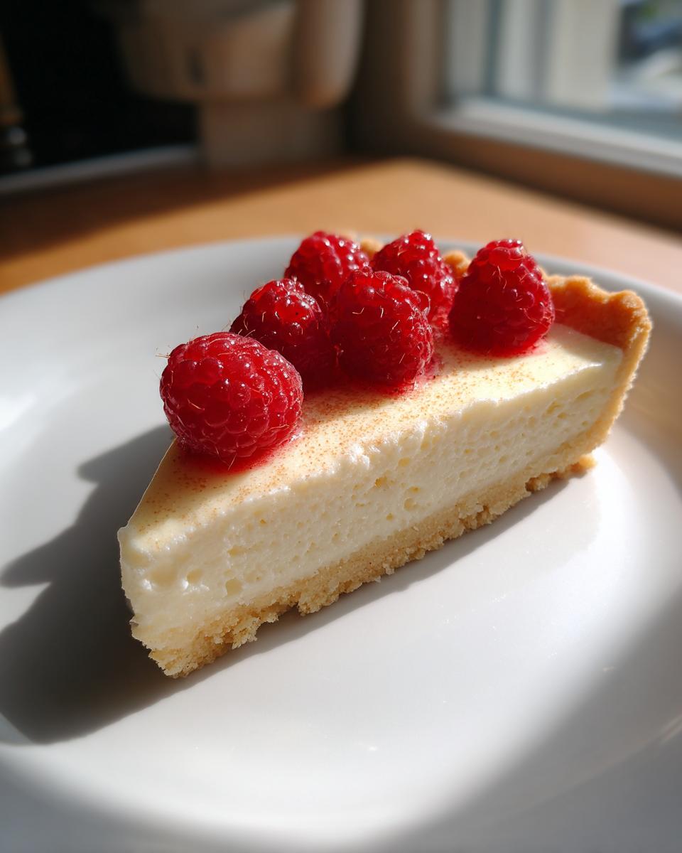 A slice of creamy white chocolate mousse tart topped with fresh raspberries, served on a white plate.