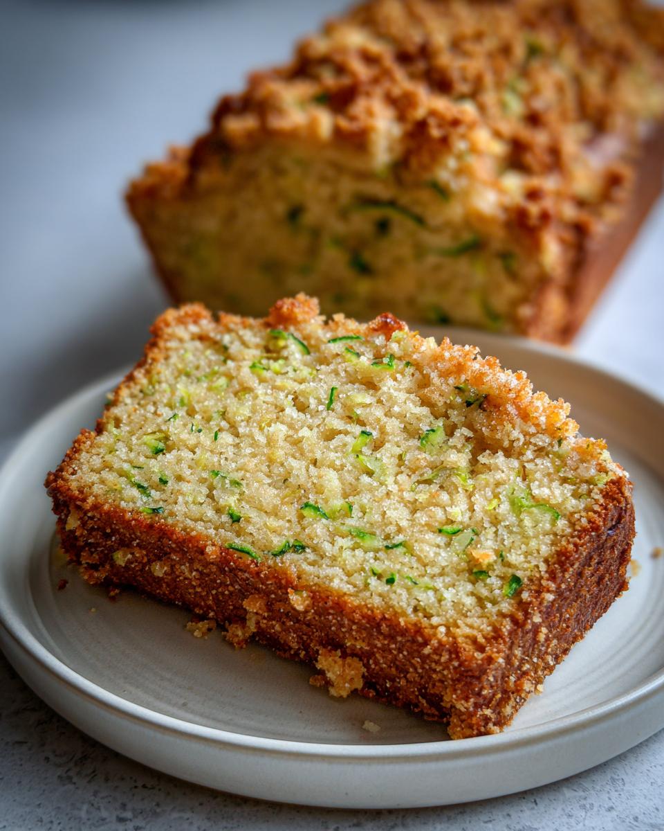 A close-up slice of moist zucchini banana bread with visible green shreds of zucchini and a crunchy topping.