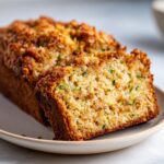 Close-up of sliced zucchini banana bread showing moist texture and green zucchini flecks.