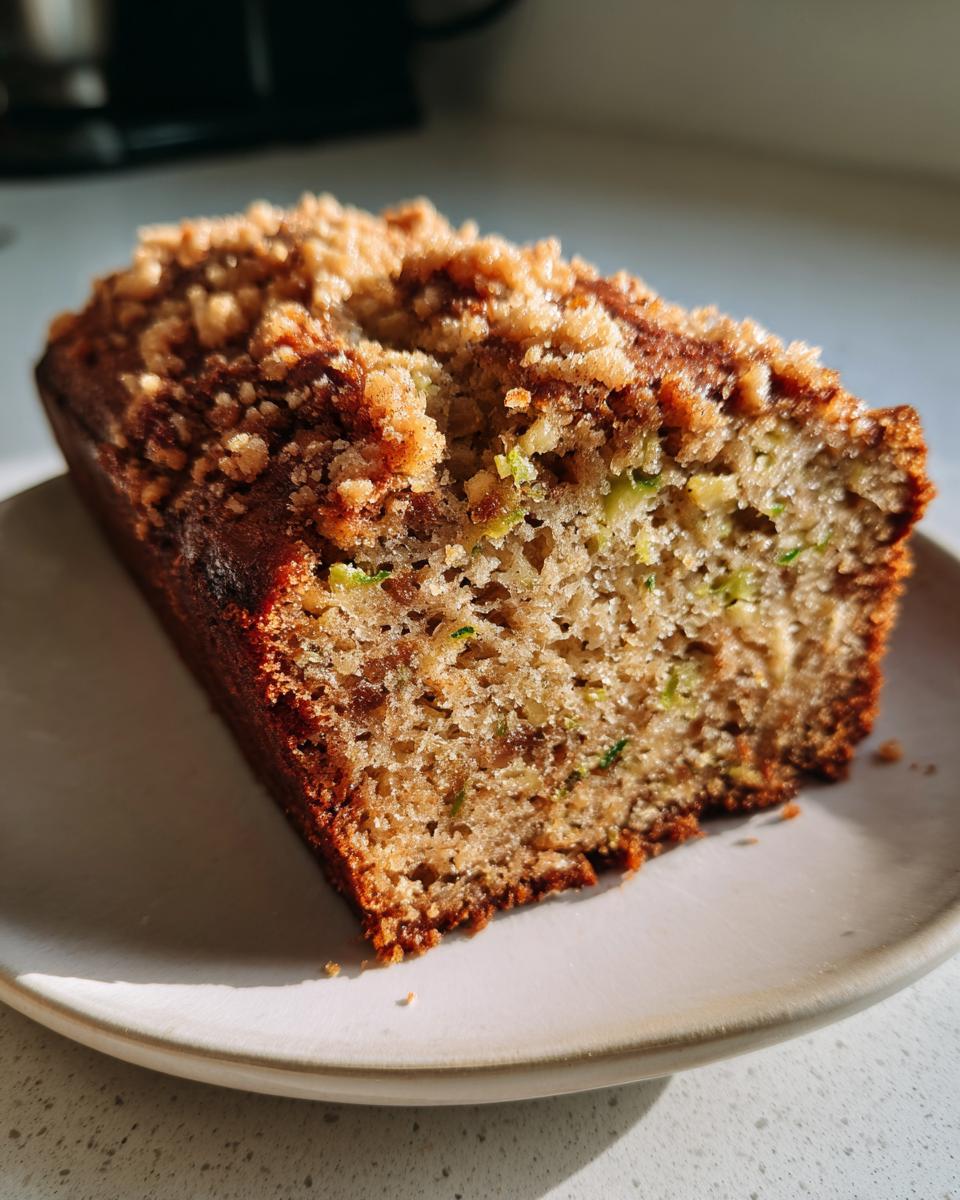 Close-up of a moist slice of zucchini banana bread featuring visible green shreds and a crunchy brown sugar crumb topping.