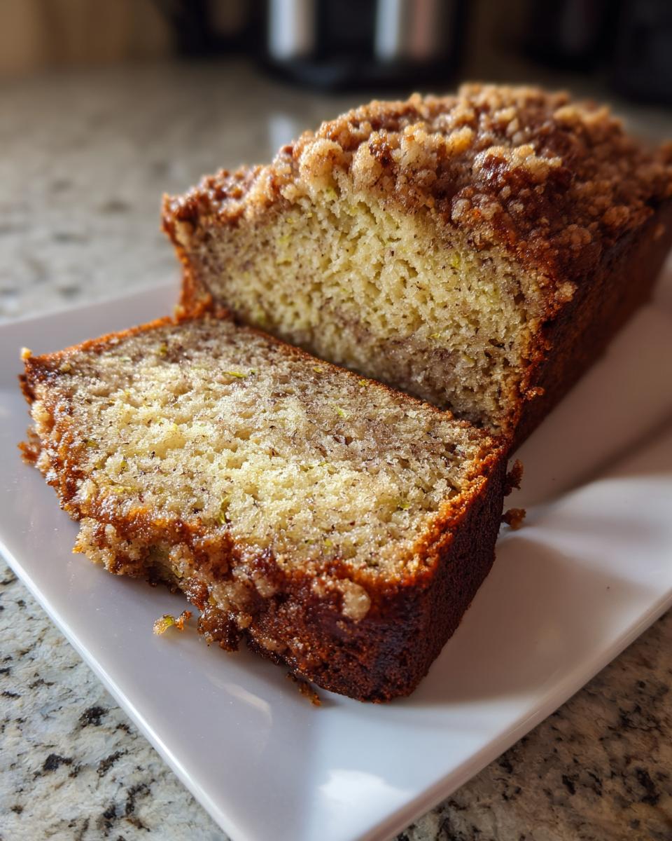 A close-up of sliced zucchini banana bread featuring a moist crumb and a crunchy cinnamon streusel topping.