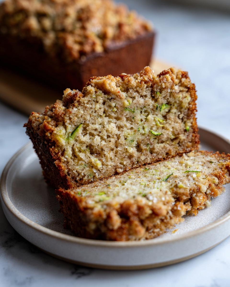 Two thick slices of moist zucchini banana bread with visible green shreds and a crunchy streusel topping.