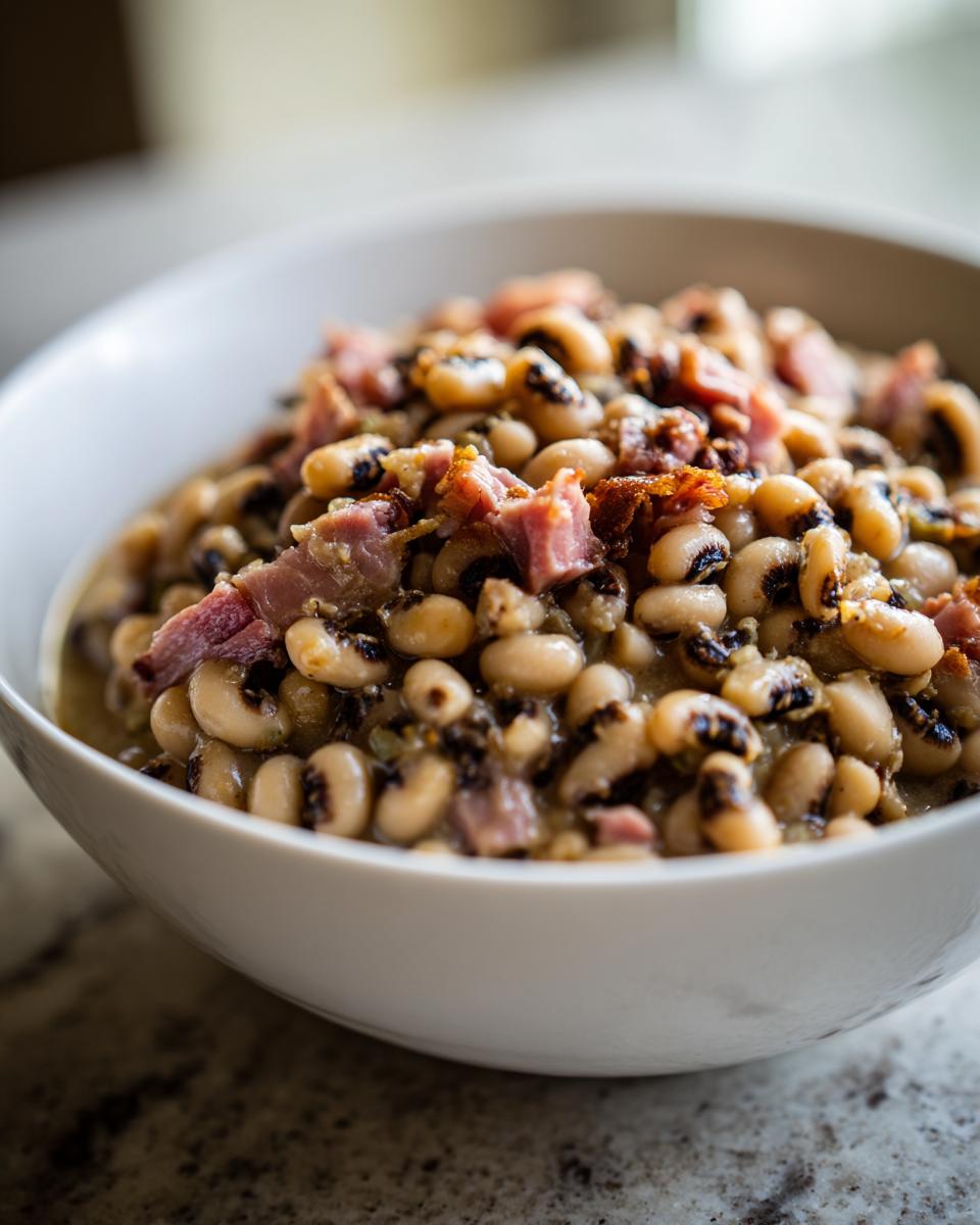 Close-up of a white bowl filled with creamy black eyed peas topped with chunks of savory ham.