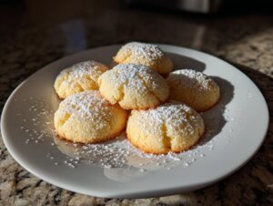 A plate of six golden 3-ingredient butter cookies dusted generously with powdered sugar.