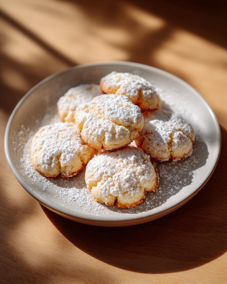A stack of golden 3-ingredient butter cookies heavily dusted with powdered sugar on a light gray plate.