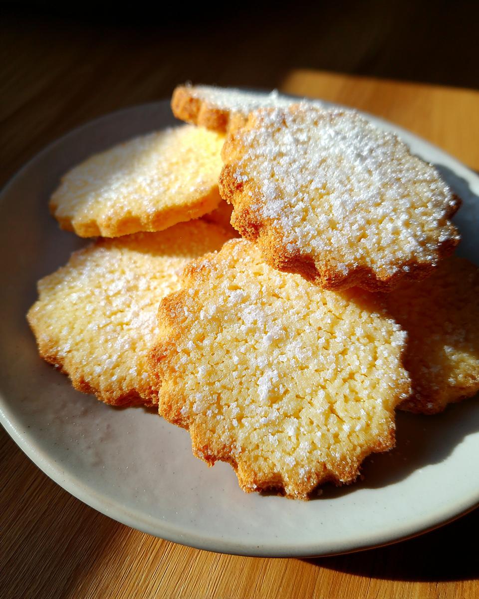 A stack of golden 3-ingredient butter cookies dusted with powdered sugar on a light plate.