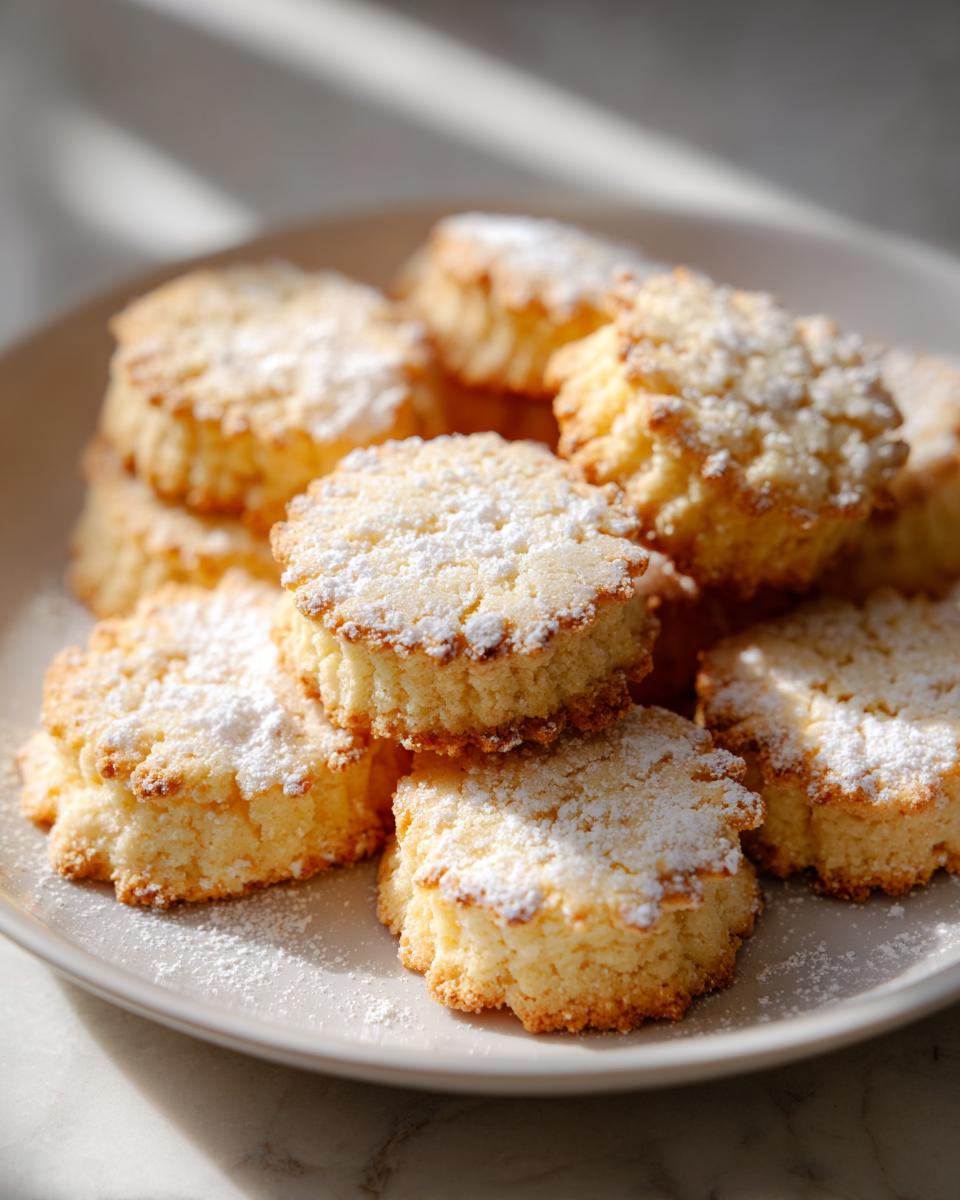 A stack of golden 3-ingredient butter cookies dusted generously with powdered sugar on a light gray plate.