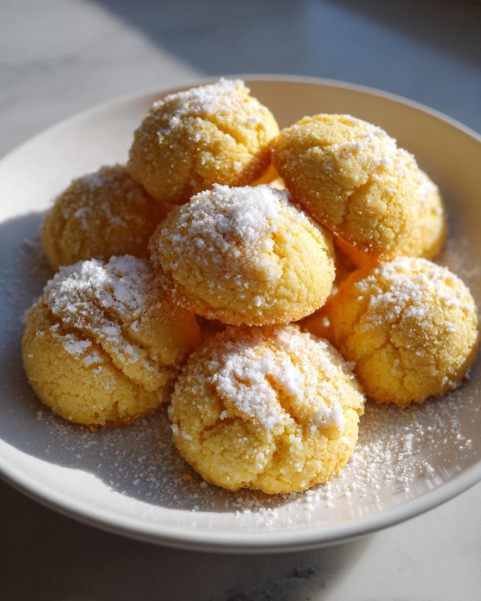 A close-up of several golden 3-ingredient butter cookies dusted generously with powdered sugar on a white plate.