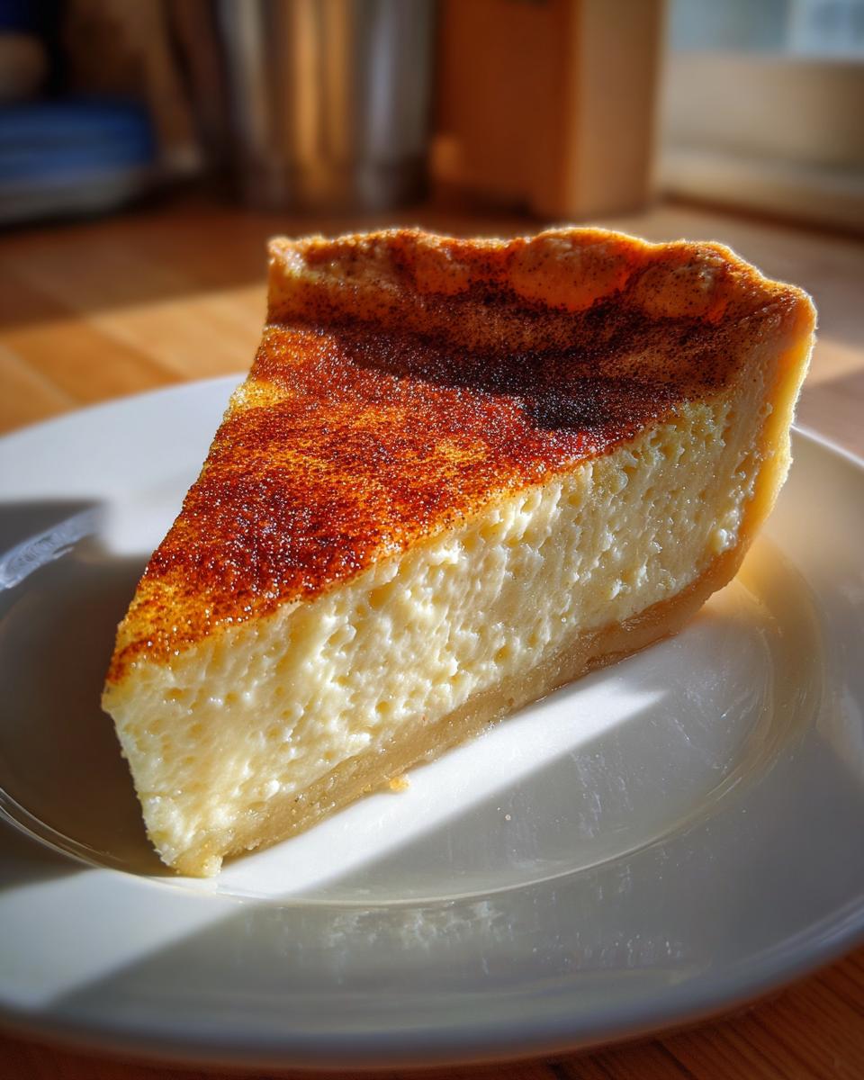 A close-up slice of creamy 3-ingredient custard pie with a golden, cinnamon-dusted top, resting on a white plate.