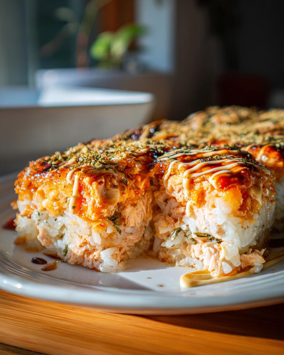 A close-up shot showing a thick slice of three-layer sushi bake with salmon filling, topped with sauces and furikake.