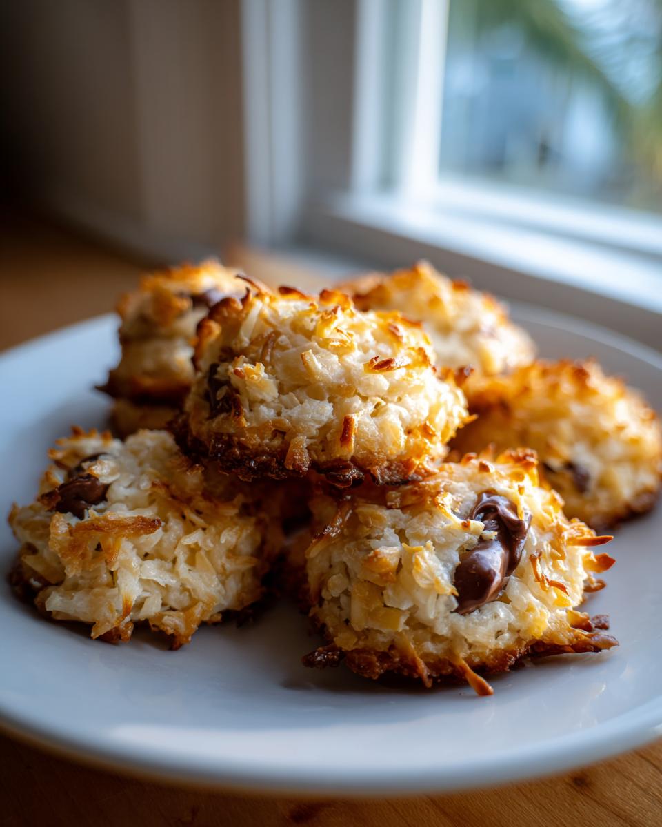 A close-up of several golden-brown almond joy cookies piled on a white plate, featuring toasted coconut and melted chocolate centers.
