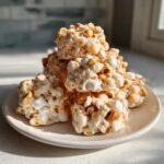 A stack of gooey, white chocolate avalanche cookies mixed with marshmallows and cereal on a light plate.