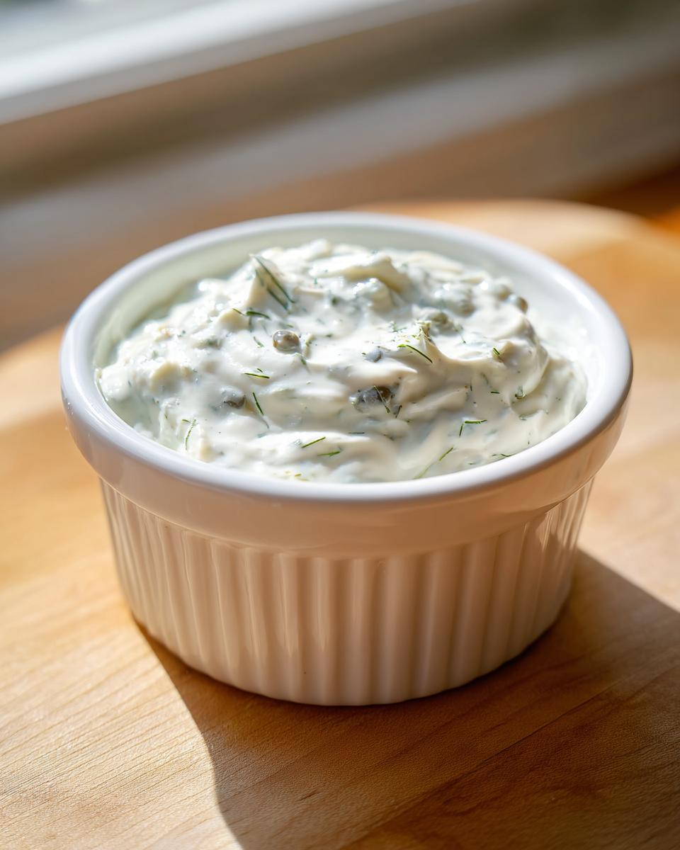 Close-up of creamy homemade tartar sauce with visible herbs and capers in a white fluted bowl.