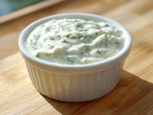 Close-up of creamy homemade tartar sauce with visible herbs in a white ramekin.