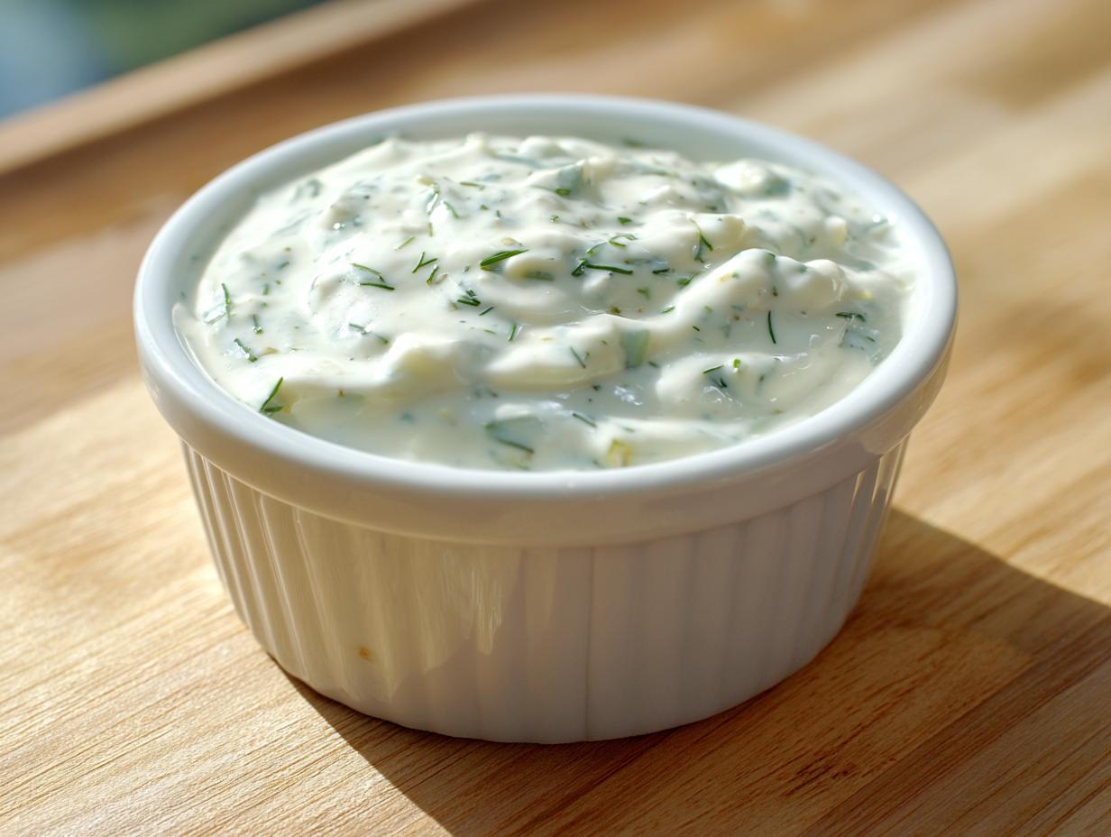 Close-up of creamy homemade tartar sauce with visible herbs in a white ramekin.