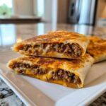 Cross-section view of two halves of a crispy air fryer Chimichangas stuffed with seasoned ground beef and melted cheese.