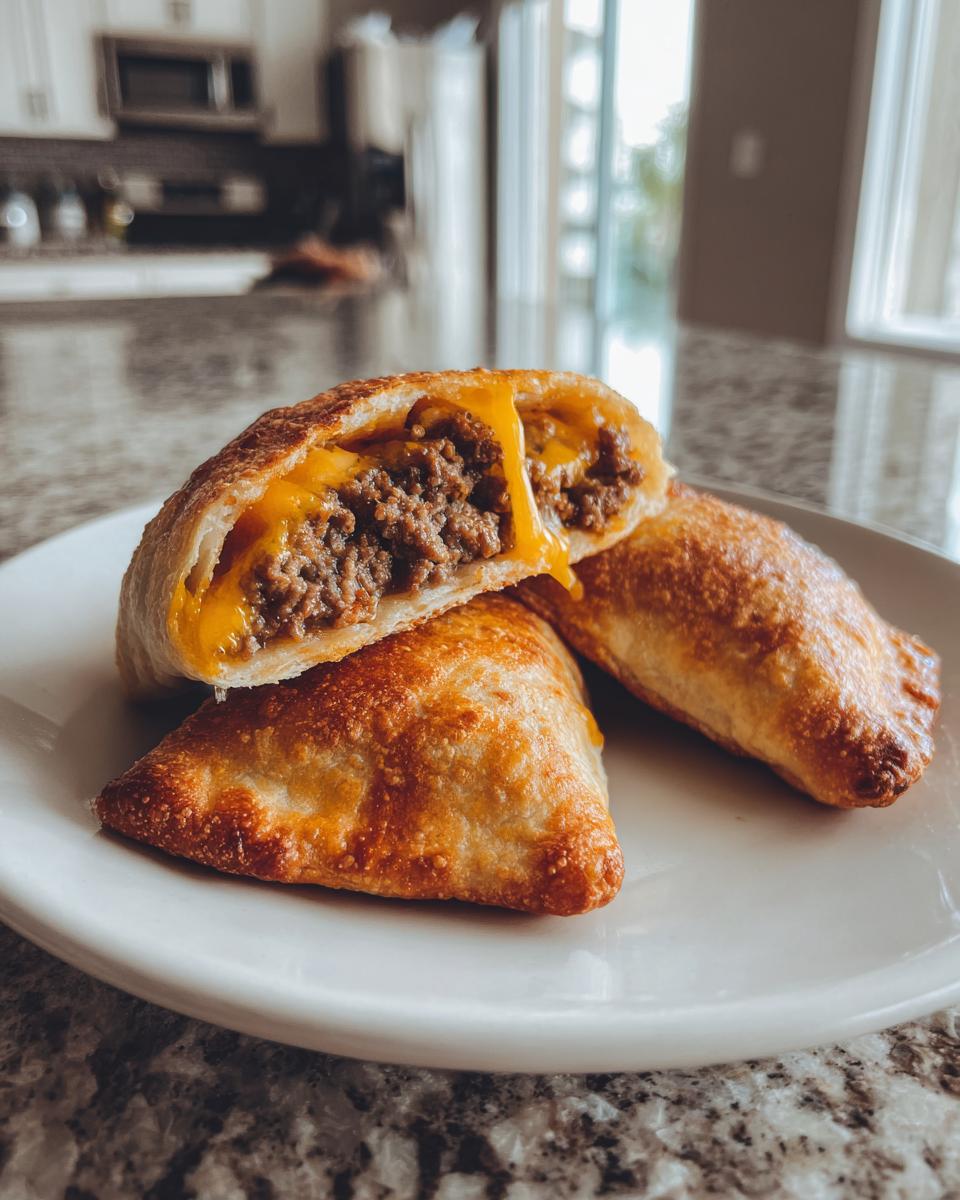 Three golden brown air fryer chimichangas on a white plate, one cut open showing ground beef and melted cheese.