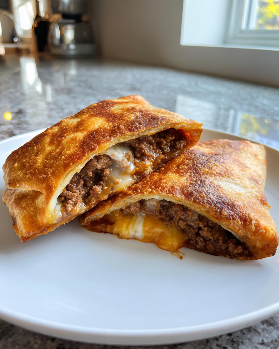 Two halves of a crispy, golden-brown air fryer Chimichangas filled with seasoned ground beef and melted cheese.