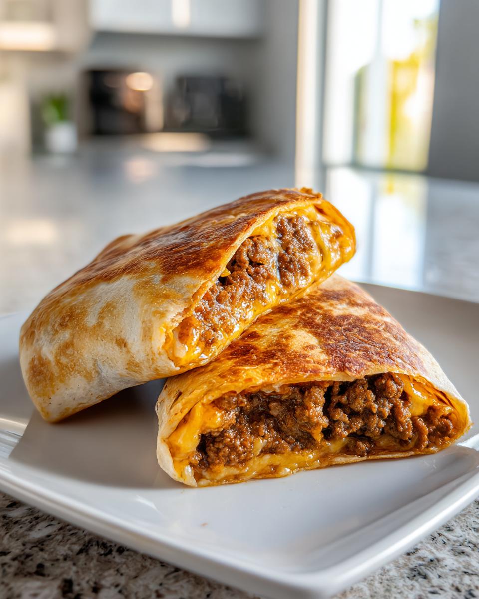 Two halves of a golden brown air fryer chimichangas filled with seasoned ground beef and melted cheese, resting on a white plate.