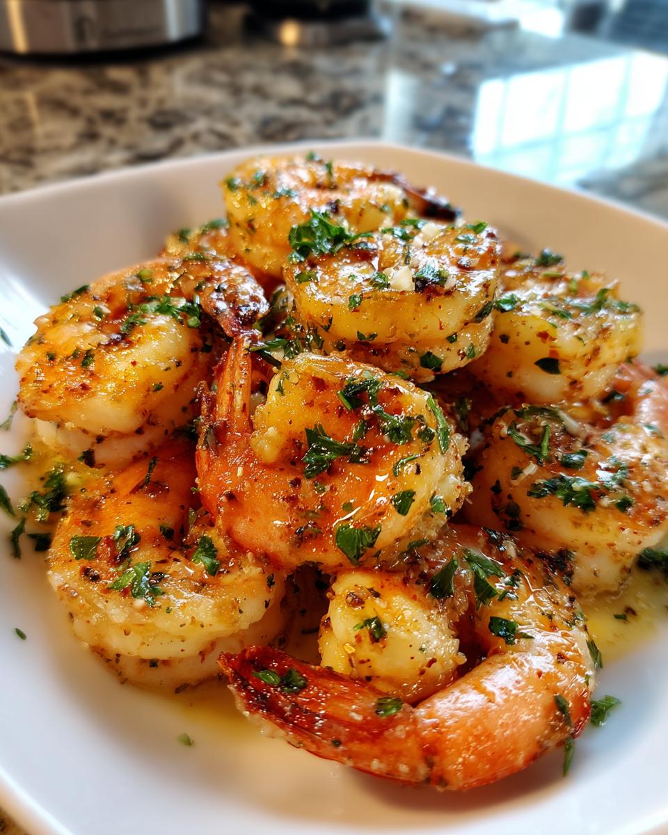Close-up of perfectly cooked air fryer frozen shrimp tossed in garlic butter and fresh parsley.