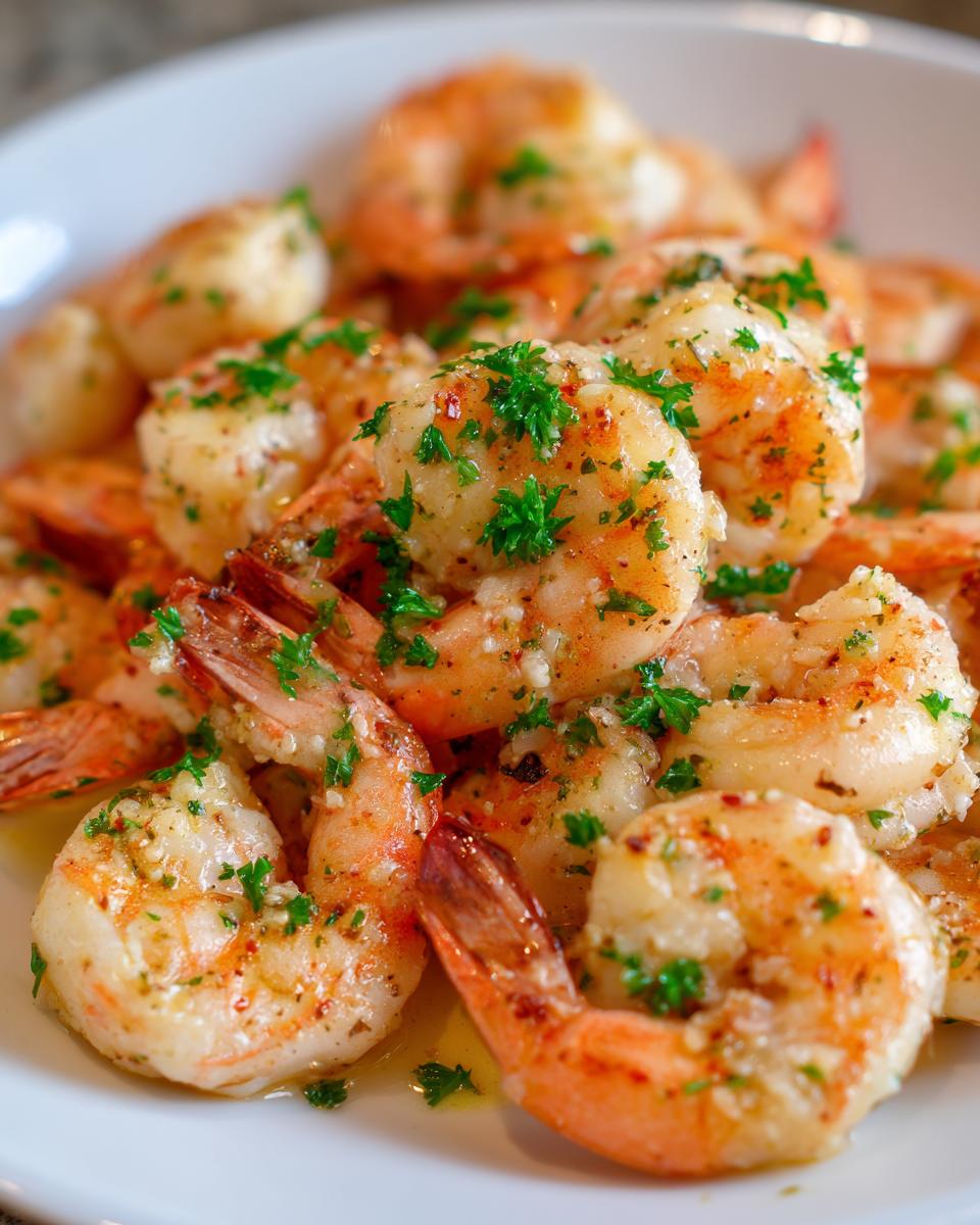 Close-up of juicy, cooked air fryer frozen shrimp tossed in garlic butter and fresh parsley.
