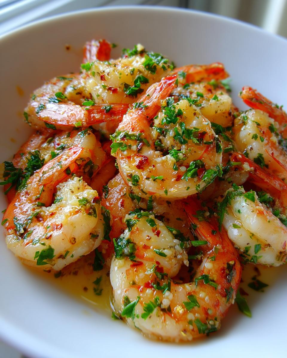 Close-up of juicy, cooked air fryer frozen shrimp tossed in garlic butter and fresh parsley.
