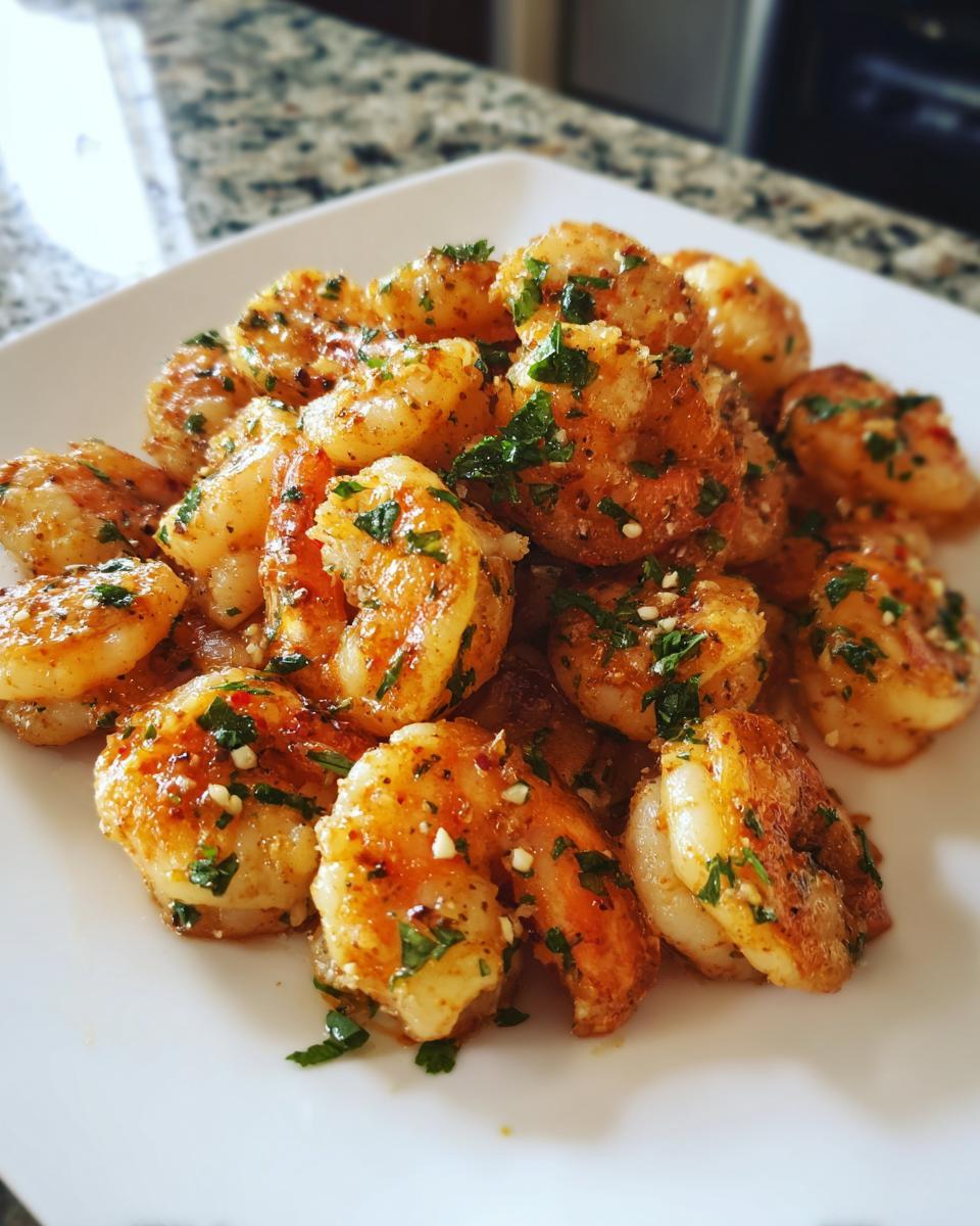 Close-up of perfectly cooked air fryer frozen shrimp seasoned with garlic and parsley on a white plate.