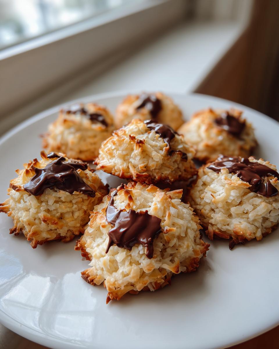 A plate holding several golden-brown almond joy cookies, each topped with a dollop of melted dark chocolate.