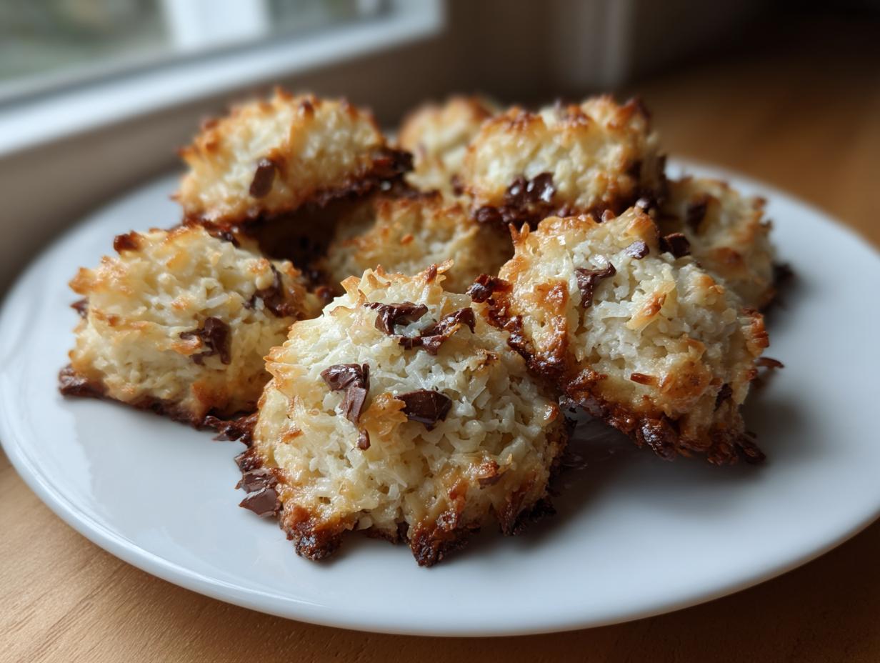 A pile of golden brown, toasted almond joy cookies studded with chocolate chips resting on a white plate.