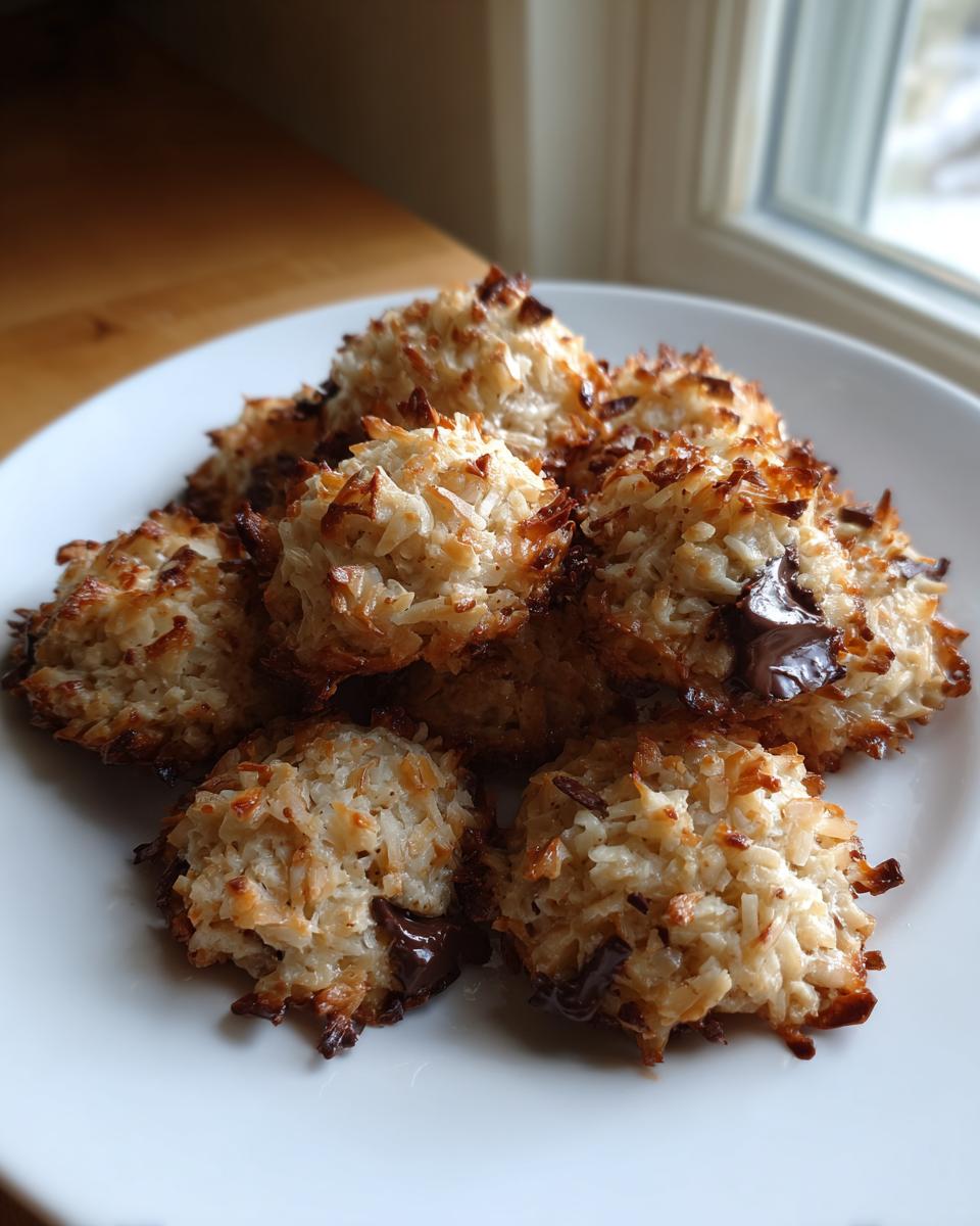 A pile of freshly baked almond joy cookies, toasted coconut and melted chocolate visible, served on a white plate.