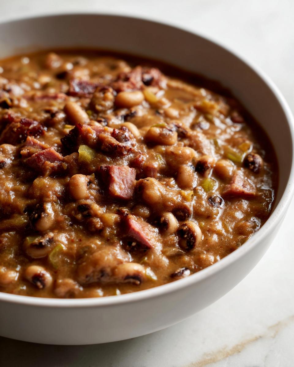 Close-up of a rich, savory bowl of amazing 1-Pot black eyed peas cooked with chunks of ham.