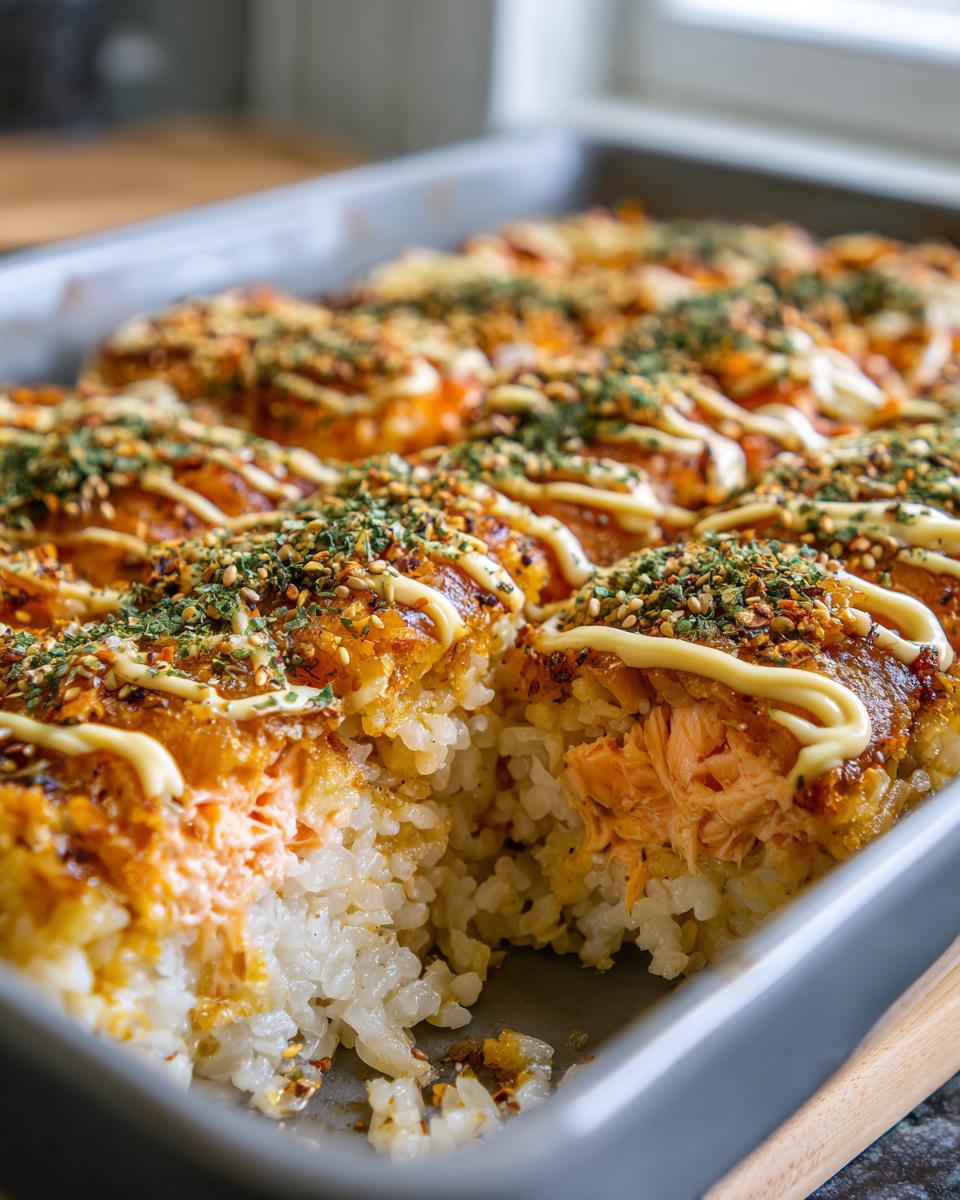 Close-up of a freshly baked 3-layer sushi bake in a grey pan, showing layers of rice, salmon, and a topping of mayonnaise and furikake.