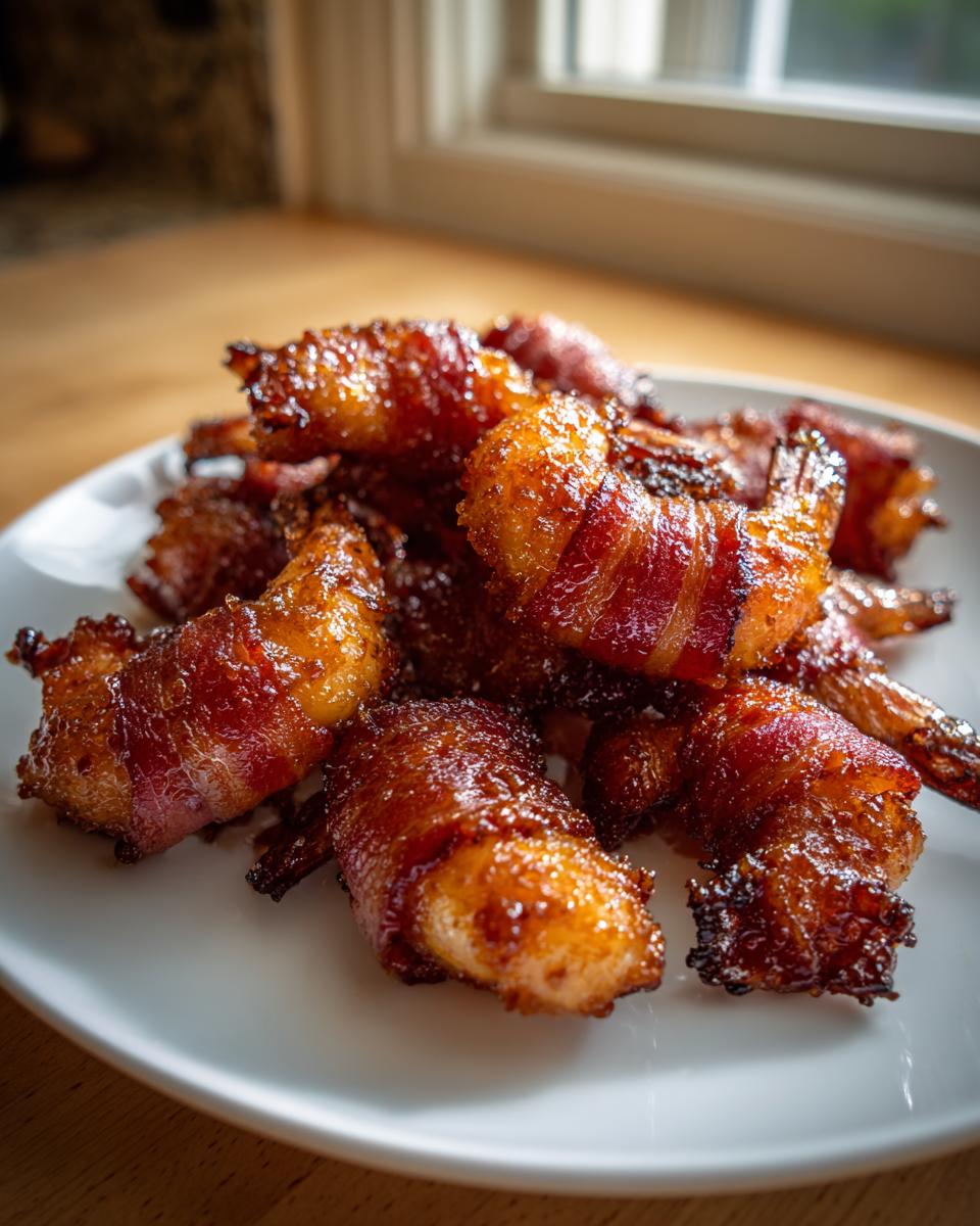 Close-up of perfectly cooked, glazed bacon wrapped shrimp piled high on a white serving plate.