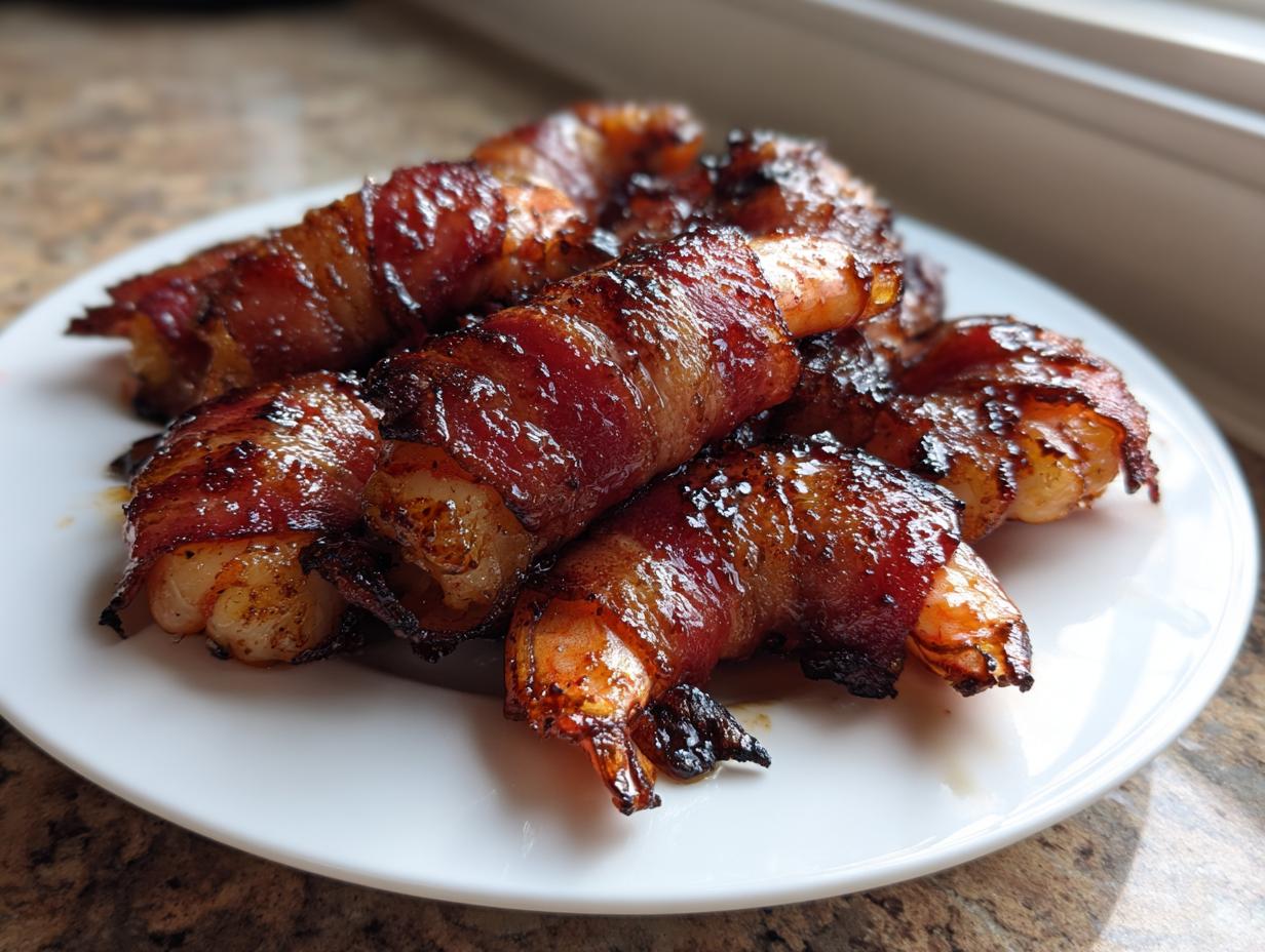 Close-up of several glazed and crispy bacon wrapped shrimp piled on a white serving plate.