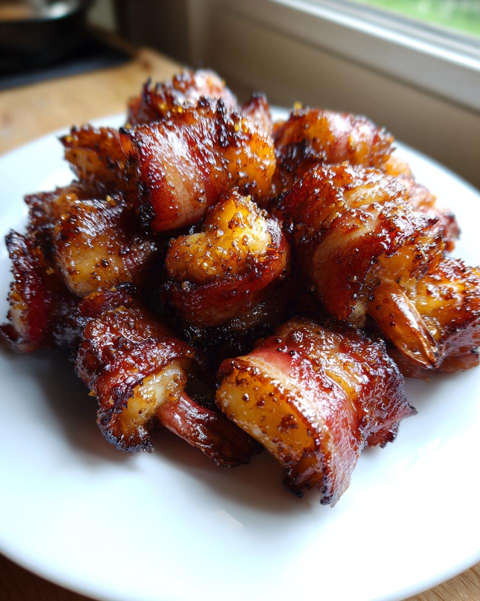 A pile of caramelized, glazed bacon wrapped shrimp served on a white plate, ready to eat.
