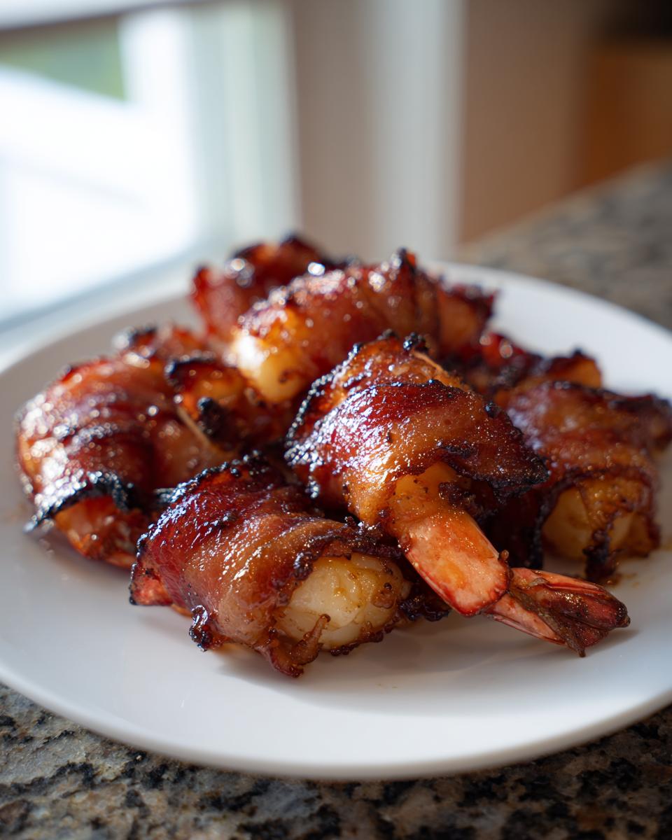 A close-up of several perfectly cooked, glazed bacon wrapped shrimp piled on a white plate.