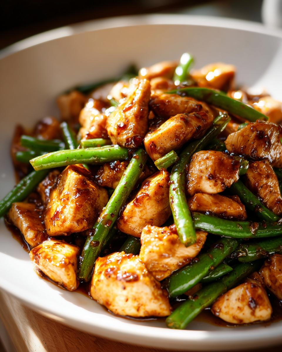 Close-up of glazed chicken pieces mixed with bright green beans in a savory sauce, highlighting the chicken and green beans.