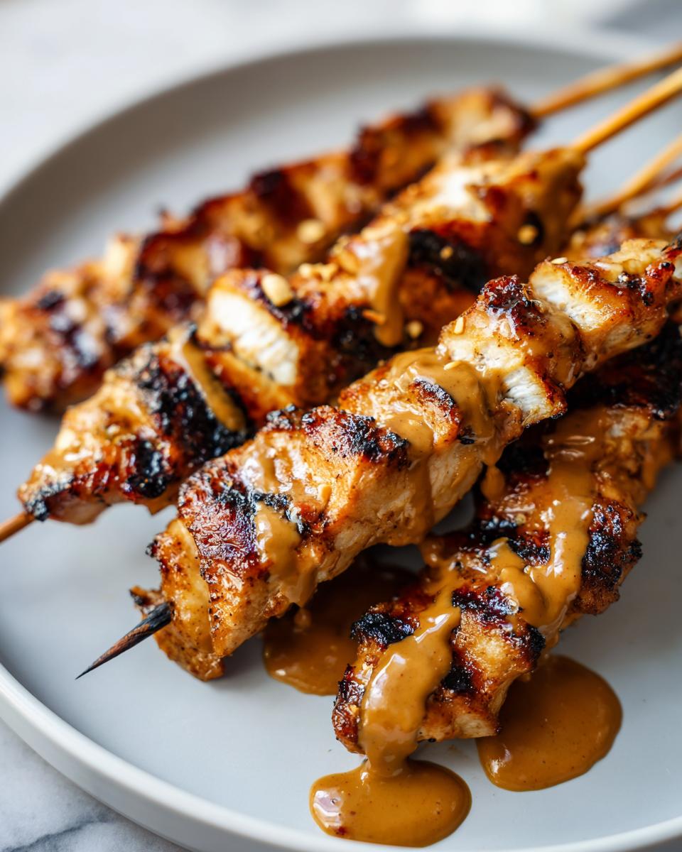 Close-up of grilled chicken satay skewers drizzled generously with rich peanut sauce on a light gray plate.