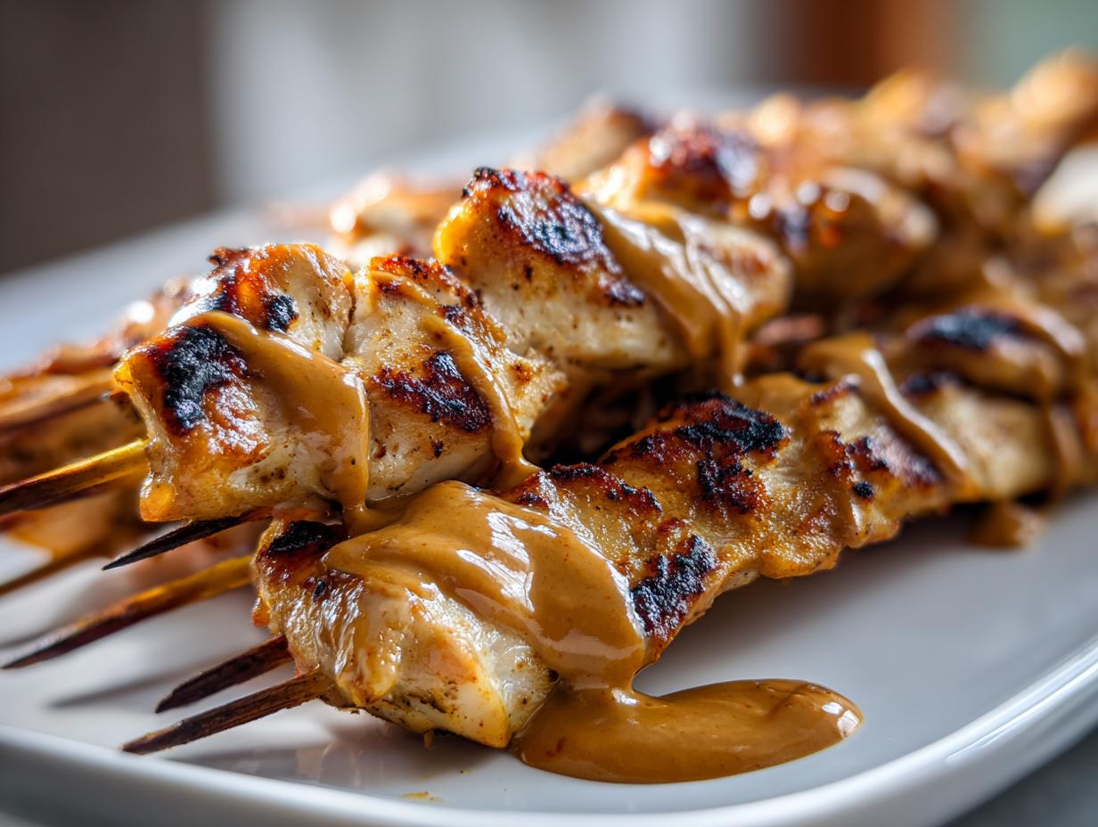 Close-up of perfectly grilled chicken satay skewers drizzled generously with creamy peanut sauce.