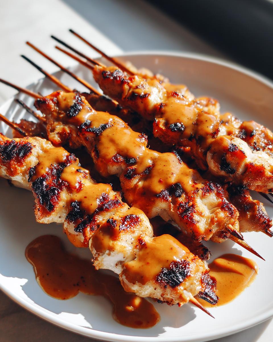 Close-up of grilled chicken satay skewers drizzled generously with peanut sauce on a white plate.