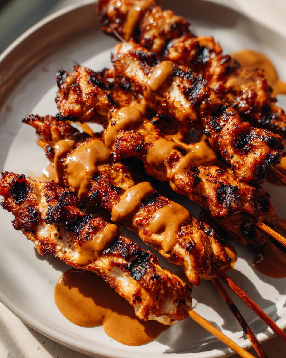 Close-up of grilled chicken satay skewers drizzled generously with creamy peanut sauce on a light plate.