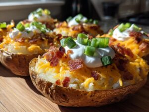 Close-up of several loaded potato skins filled with cheese, bacon bits, sour cream, and green onions.