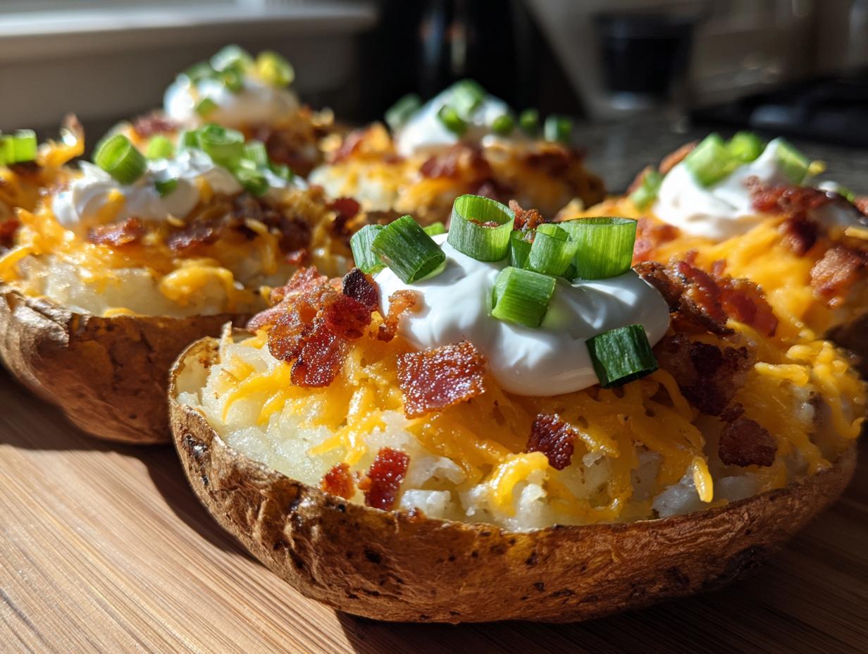 Close-up of several loaded potato skins filled with cheese, bacon bits, sour cream, and green onions.