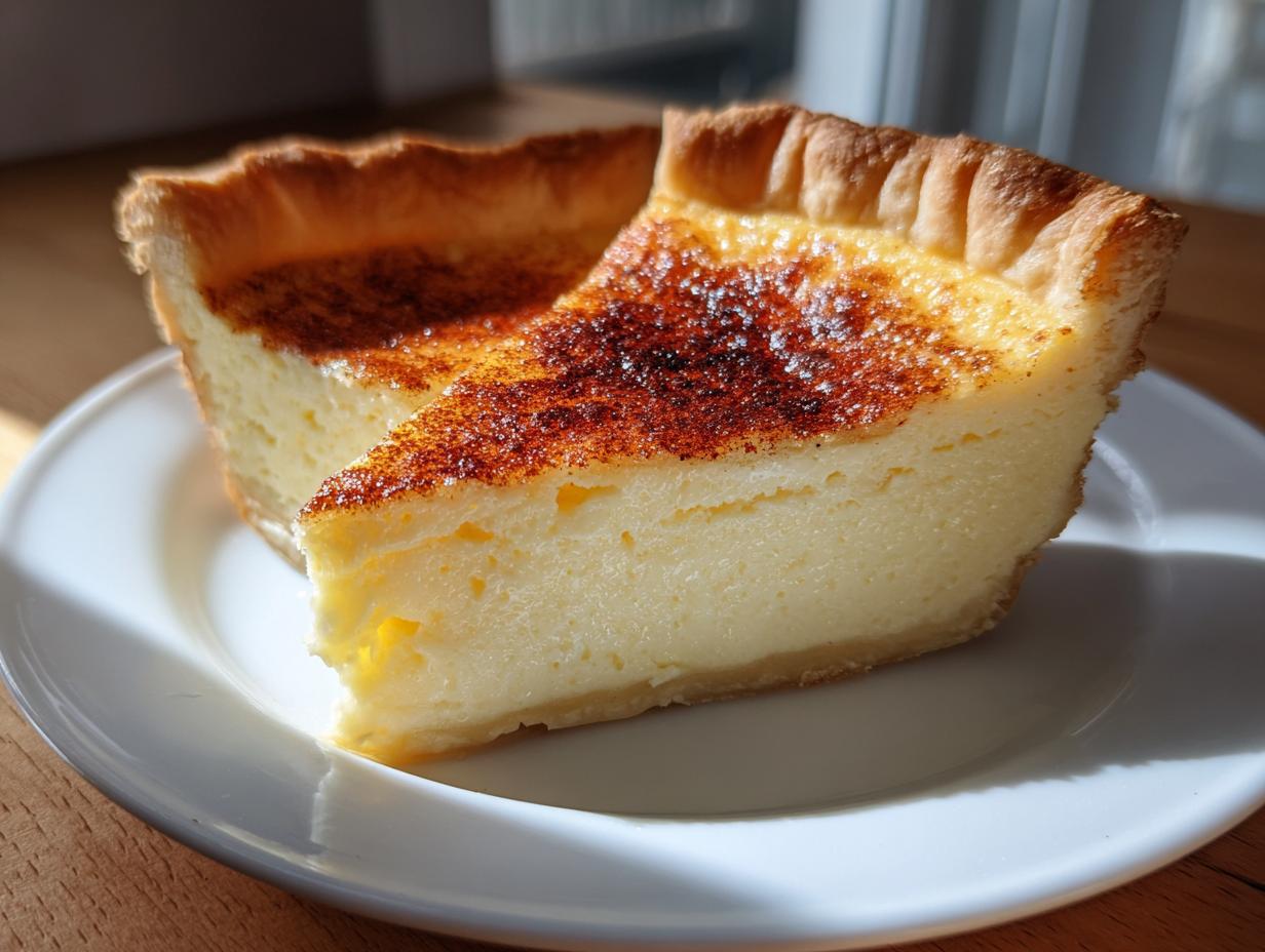 Two slices of creamy, rich custard pie with a beautifully caramelized, browned top, sitting on a white plate.