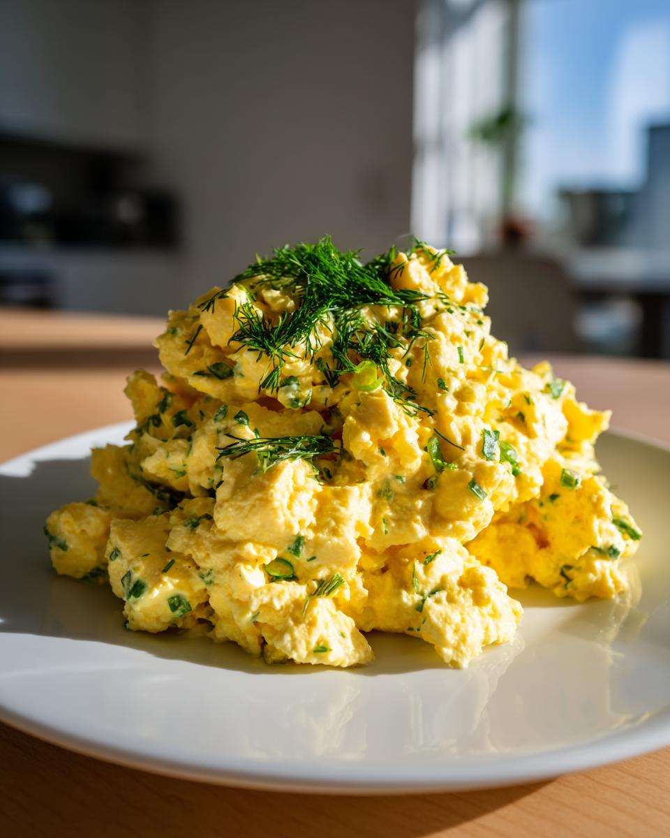 A mound of creamy, yellow egg salad recipe garnished with fresh dill and green onions on a white plate.